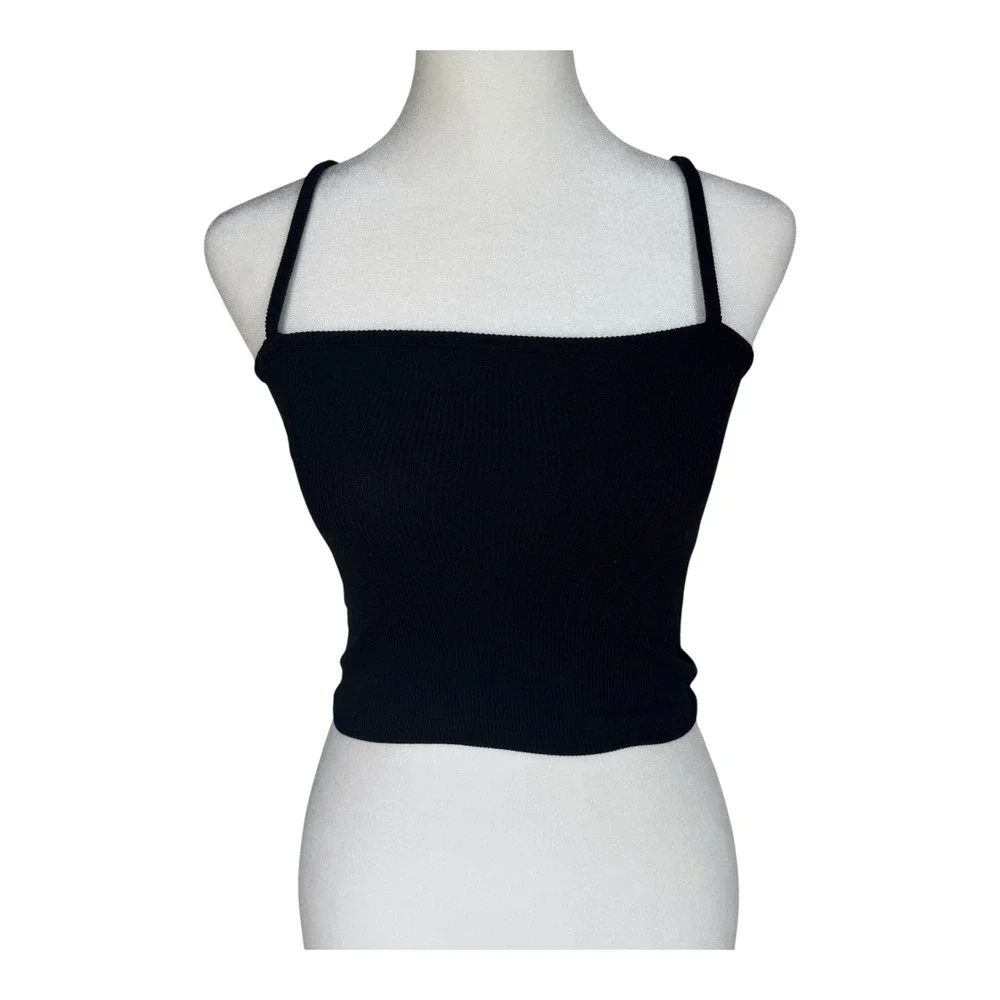 Brandy Melville Black Ribbed Faye Tank Top Crop Made in Italy Y2K Minimalist Fit - Picture 2 of 6